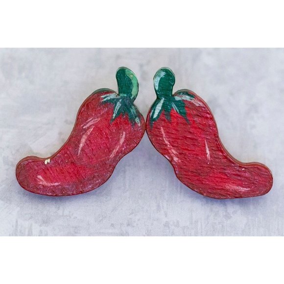 Vintage Wooden Earrings, Chili Earrings, Spicy Jalapeno Stud Earrings - CF1 - Picture 2 of 3